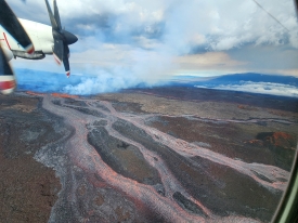 Aerial photo of a fissure and lava flows on Mauna