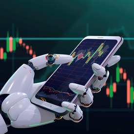 ai robot hand holds a phone trading in the stock market