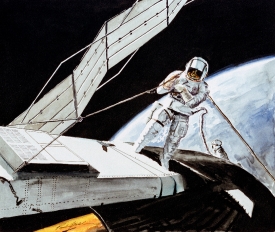 an artists concept showing a spacewalk