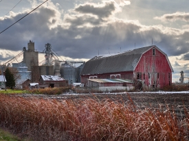 An old barn and grain silos outside Frankenmuth Michigan