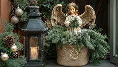 An exquisite angel statue stands gracefully amidst a lush arrangement of greenery, complemented by warm candlelight and rustic elements, embodying holiday spirit and charm.