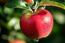 apple has a glossy deep red color with small white dots illumina