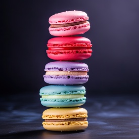 arrangement of macarons with vibrant colors on a black backdrop