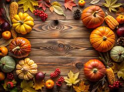 arrangement of pumpkins gourds corn and autumn leaves forms a bo