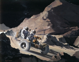 Artist's conception of Apollo 15 crew aboard LRV on the Moon