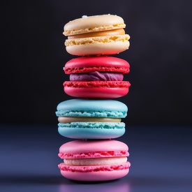 Assorted macarons in pink, red, yellow, and blue hues towering i