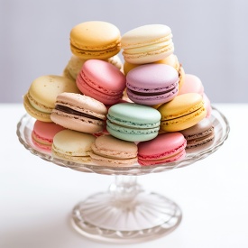 assortment of colorful macarons arranged on a clear glass stand