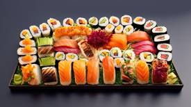 assortment of sushi rolls neatly arranged on a tray