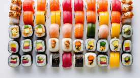 assortment of tasty sushi rolls neatly arranged in rows