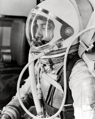 astronaut Alan Shepard in his silver pressure suit
