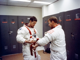 astronauts joseph kerwin and paul weitz suiting up