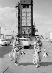Astronauts shown leaving the launch pad after simulation