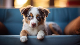 Australian Shepherd Dog breed puppy on a blue couch