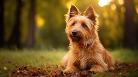 Australian Terrier poses outdoors sits on leaves