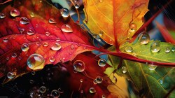 Autumn leaves closeup with dew covering colorful leaves.