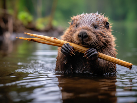 Baby beaver chewing on a stick