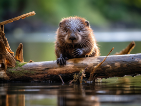 Baby beaver rests on a log