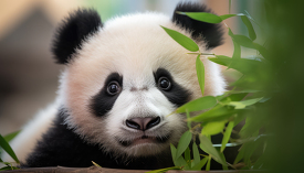baby panda hiding behind bamboo plant