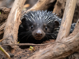 baby porcupine takes shelter beneath a log