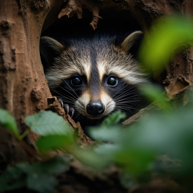 baby raccoon peeking its head out of a tree hallow