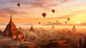 Bagan Myanmar ancient temples with hot air balloon floating abov