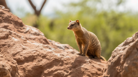 banded mongoose climbs on rocks in samburu national reserve
