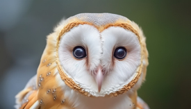 barn owl with heart-shaped face and distinctive white, tan, and 