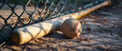 Baseball bat and ball against fence
