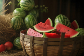 basket filled with cut watermelon in front of a pile of whole wa