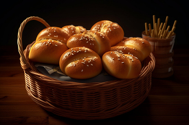 basket full of bread rolls with sesame seeds
