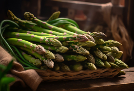 basket of fresh asparagus spears on a table
