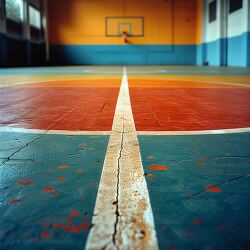 basketball court with colorful floor