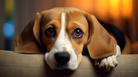 Beagle Dog puppy places head on a couch