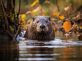 beaver partially submerged in pond