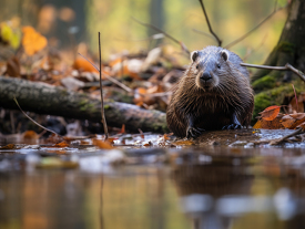 beaver sits along a river bank