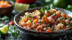 Belizean ceviche with fresh shrimp tomatoes onions and herbs