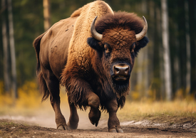 bison running near trees