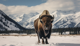 bison standing in the snow with mountains in the backgroun