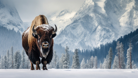 bison stands in front of a snowy mountain range