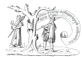 black and white drawing of two men standing next to a tree