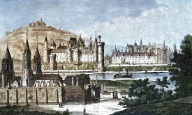 black and white engraving of a castle medieval period