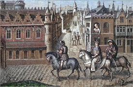 black and white engraving of two men riding horses in a city