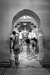 black white photo of interior of the bahia palace marrakech moro