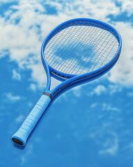 Blue Tennis Racket Reflecting a Vibrant Sky