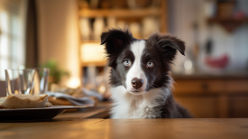 Border Collie Dog breed puppy in a kitch looking at food