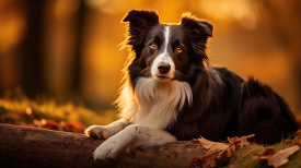 Border Collie sits on a log on a fall day