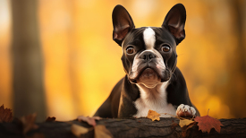Boston Terrier dog outside on a fall day