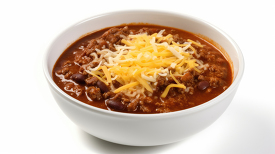 bowl of spicy chili with cheese in white bowl