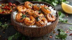 bowl of spicy cooked shrimp served over white rice garnished