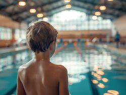 boy looking towards an indoor swimming pool